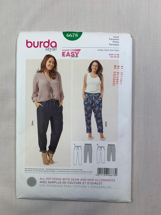 Burda Sewing Pattern 6678 Misses' Pants, Elastic Waist, Drawstring, Two Lengths, 2 Variations, Size 18-30, Uncut, 2016