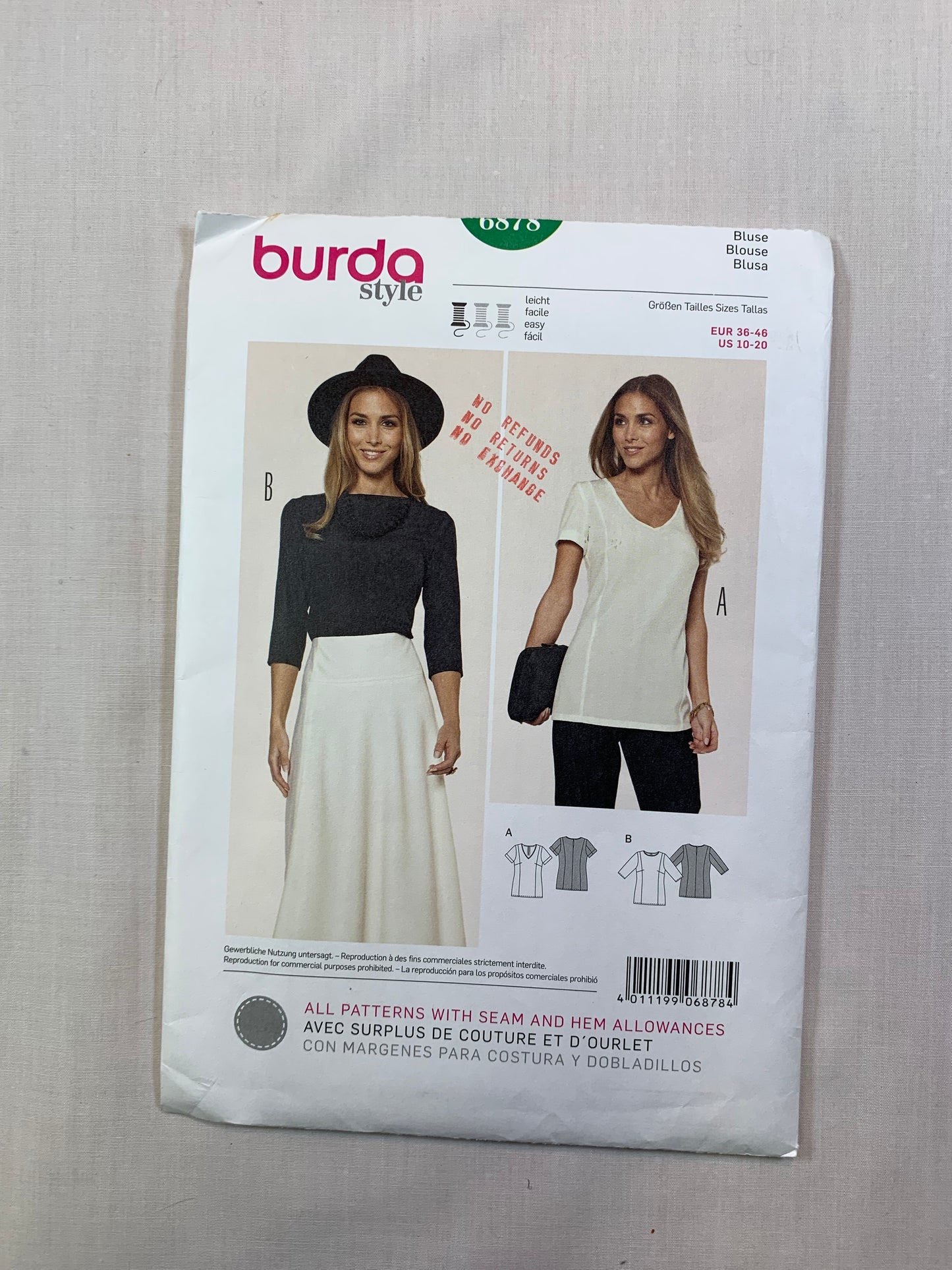 Burda Sewing Pattern 6878 Misses' Blouse, Two Lengths, Long/Short Sleeves, 2 Variations, Size 10-20, Uncut, 2017