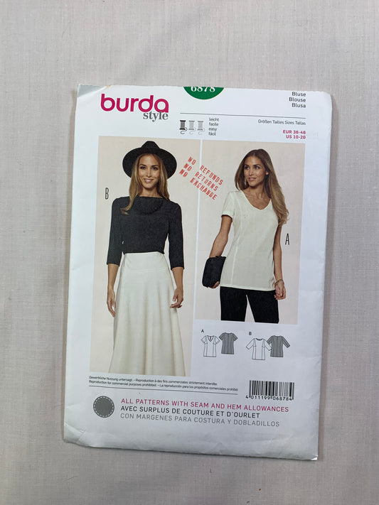 Burda Sewing Pattern 6878 Misses' Blouse, Two Lengths, Long/Short Sleeves, 2 Variations, Size 10-20, Uncut, 2017