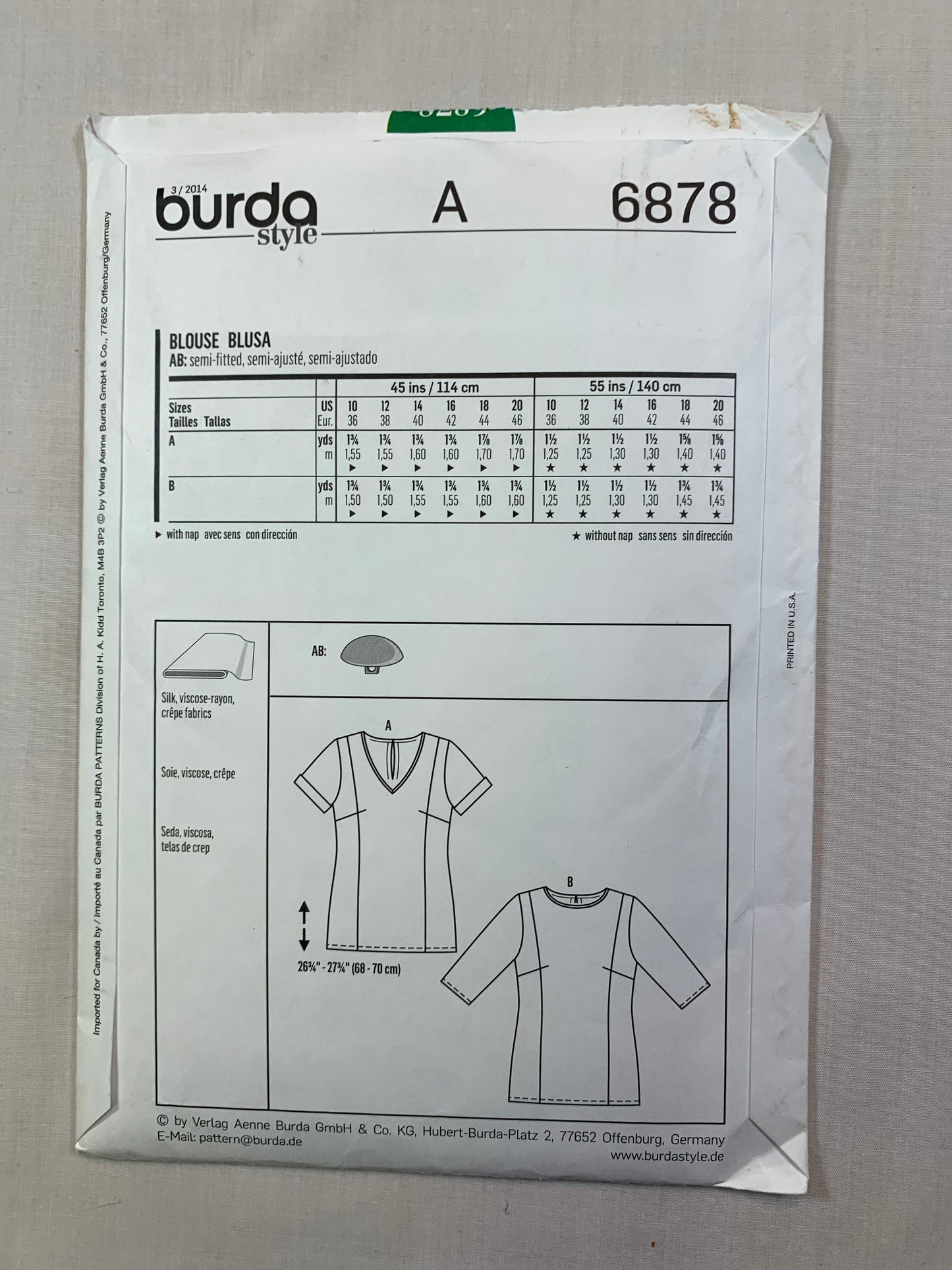 Burda Sewing Pattern 6878 Misses' Blouse, Two Lengths, Long/Short Sleeves, 2 Variations, Size 10-20, Uncut, 2017