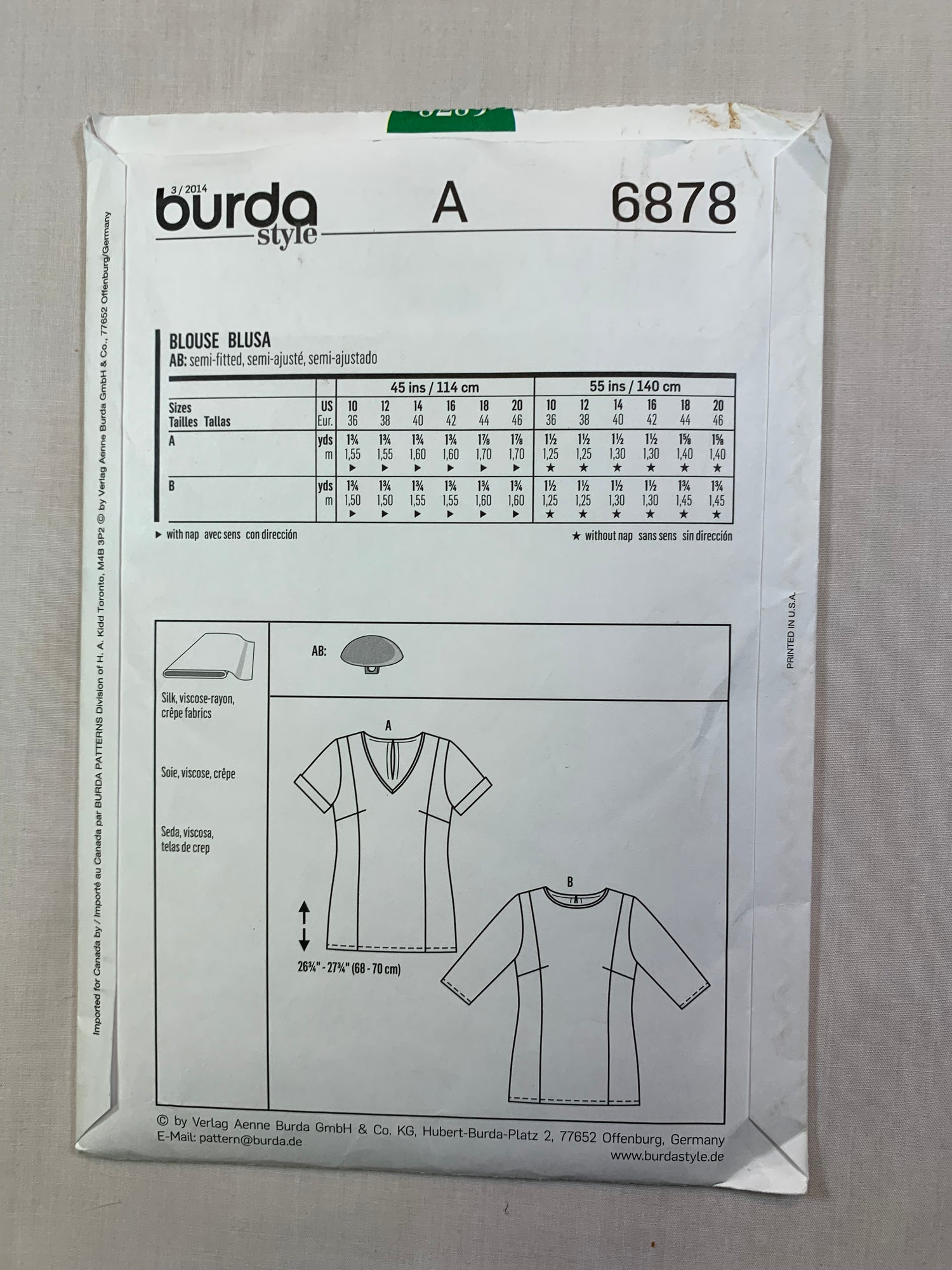 Burda Sewing Pattern 6878 Misses' Blouse, Two Lengths, Long/Short Sleeves, 2 Variations, Size 10-20, Uncut, 2017