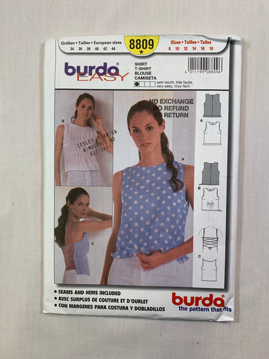 Burda Sewing Pattern 8809 Misses' Shirt, Top, Sleeveless, Semi-Fitted, Darts, 3 Variations, Size 8-18, Uncut, 2001