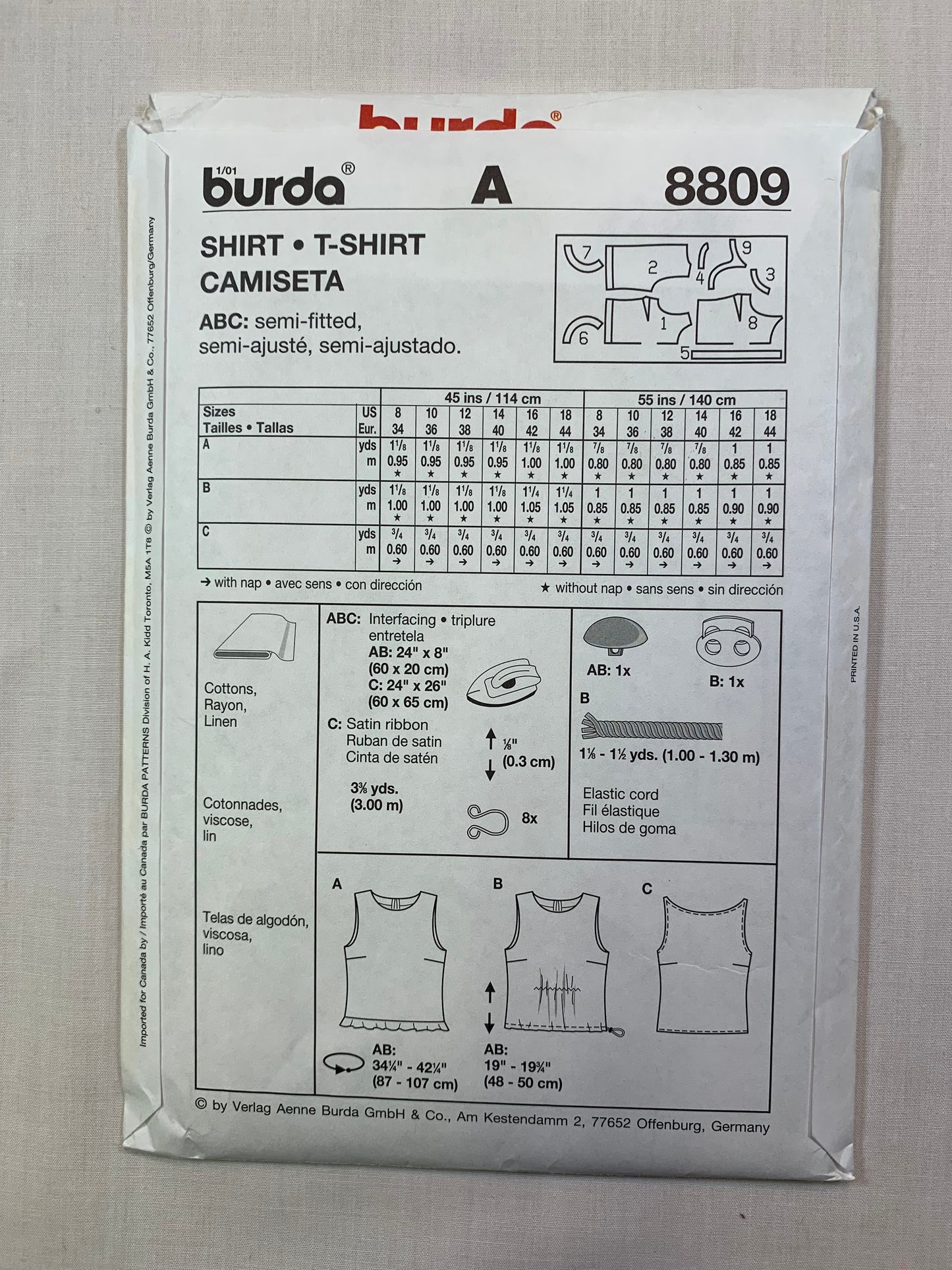 Burda Sewing Pattern 8809 Misses' Shirt, Top, Sleeveless, Semi-Fitted, Darts, 3 Variations, Size 8-18, Uncut, 2001