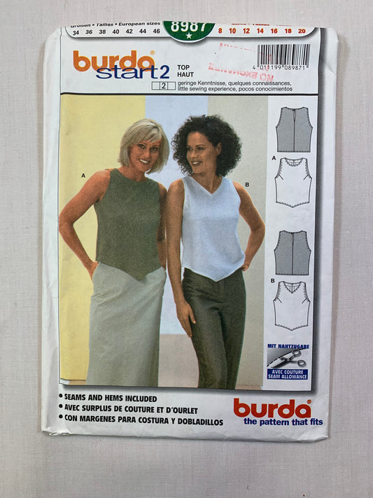 Burda Sewing Pattern 8987 Misses' Shirt, Top, Sleeveless, Darts, Pullover, 2 Variations, Size 8-12, Cut, 2001
