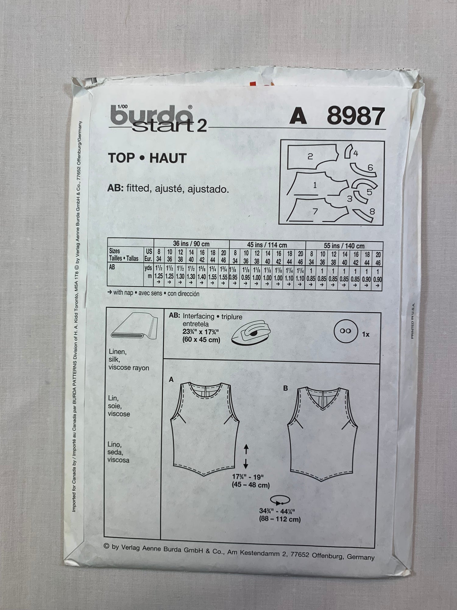 Burda Sewing Pattern 8987 Misses' Shirt, Top, Sleeveless, Darts, Pullover, 2 Variations, Size 8-12, Cut, 2001