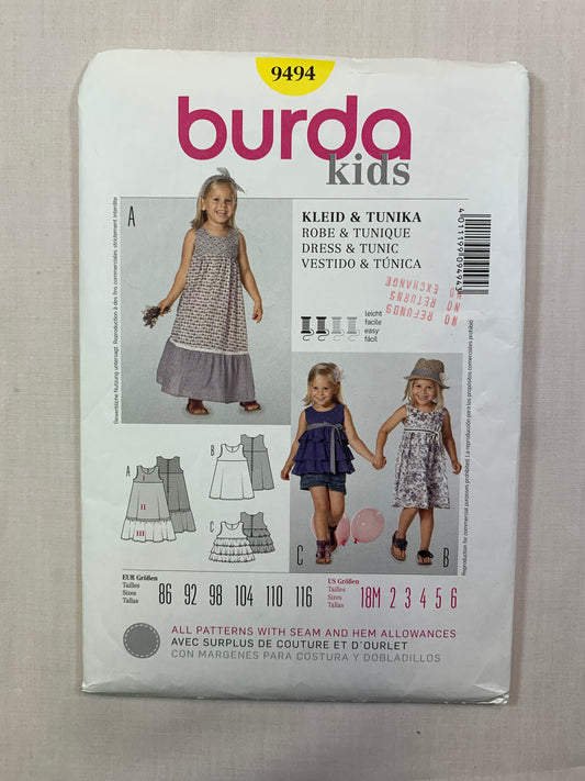 Burda Sewing Pattern 9494 Girls' Dress, Tunic, Frills, Tiers, Sleeveless, Three Lengths, 3 Variations, Size 18M-6, Uncut, 2016