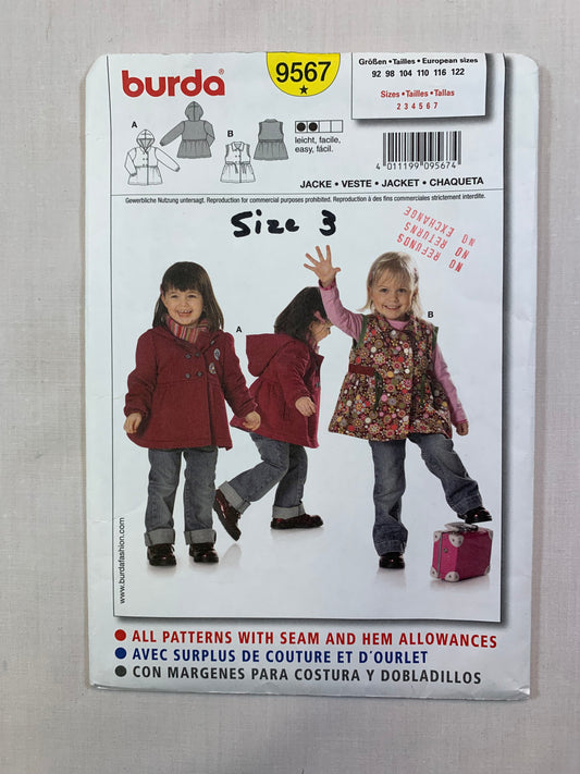 Burda Sewing Pattern 9567 Girls' Jacket, Double Breasted, Button Front, Hood, Sleeveless, Long Sleeves, Size 2-3, Cut, 2015