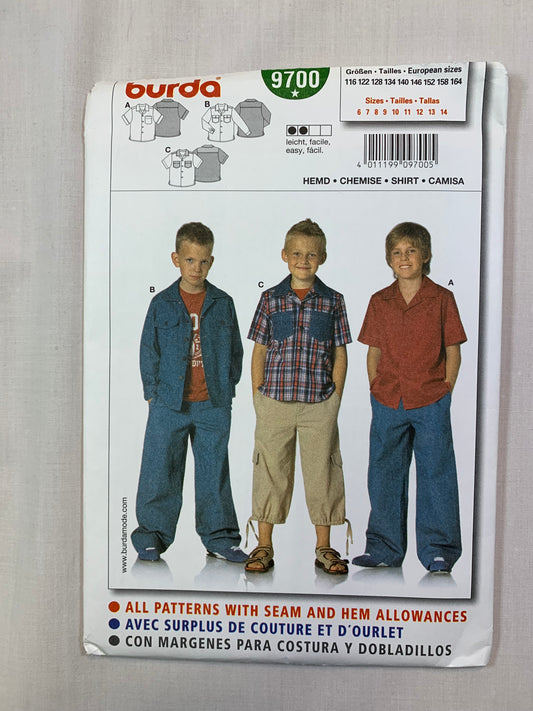 Burda Sewing Pattern 9700 Boy's Shirt, Long/Short Sleeves, Pockets, Collar, Loose-Fitting, Size 6-14, Uncut, 2014