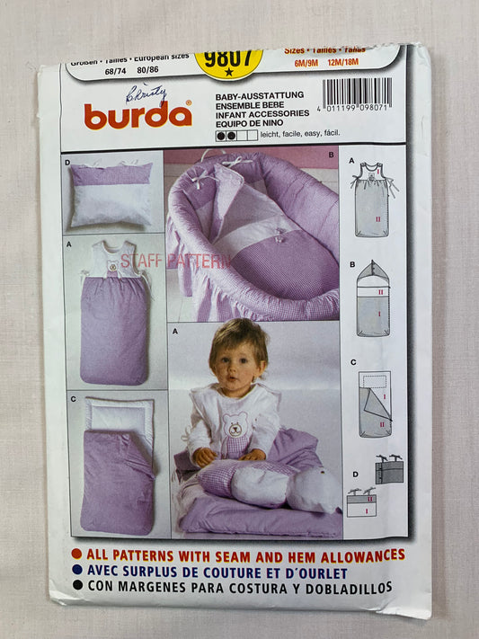 Burda Sewing Pattern 9807 Crafts, Baby Room Essentials, Pillow, Sleeper, Sleeping Bag, Bassinet, Uncut, 2016