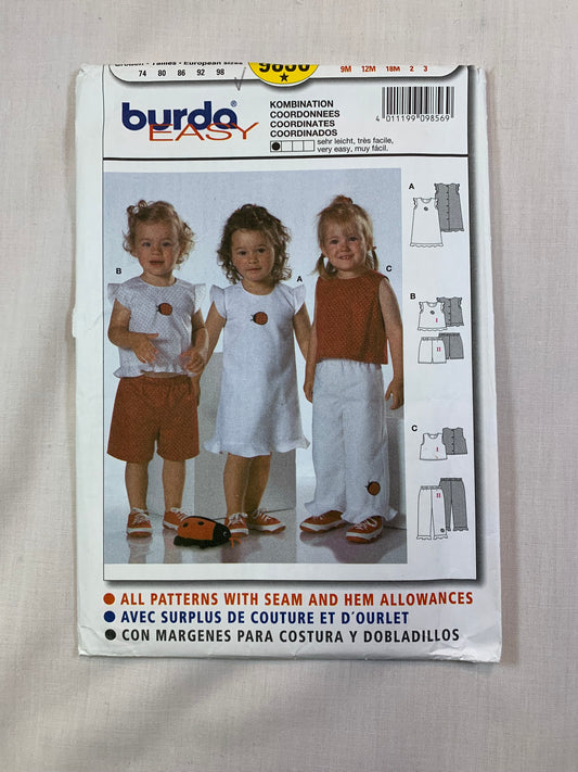 Burda Sewing Pattern 9856 Toddlers' Infant's Baby Girls' Dress, Top, Pants, Size 9 mths-3, Uncut, 2017