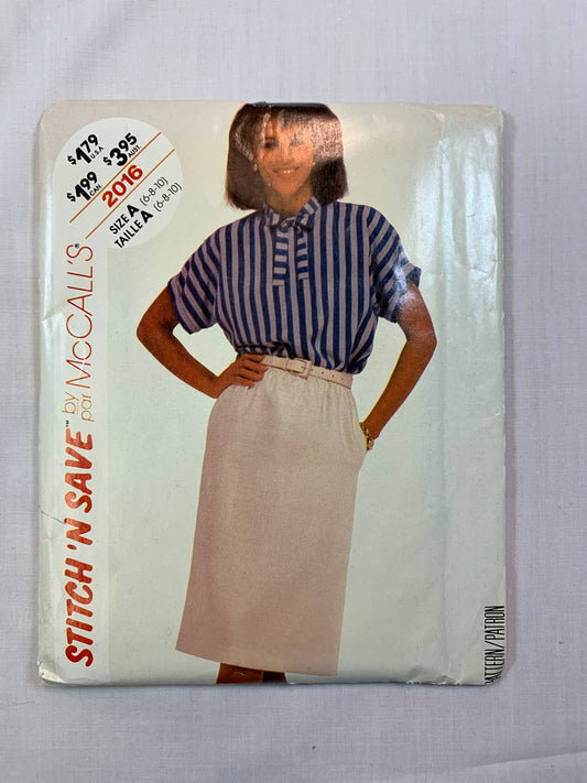 McCall's 2016 Stitch 'N Save Blouse, Skirt, Size 6-10, Uncut, Vintage 1985