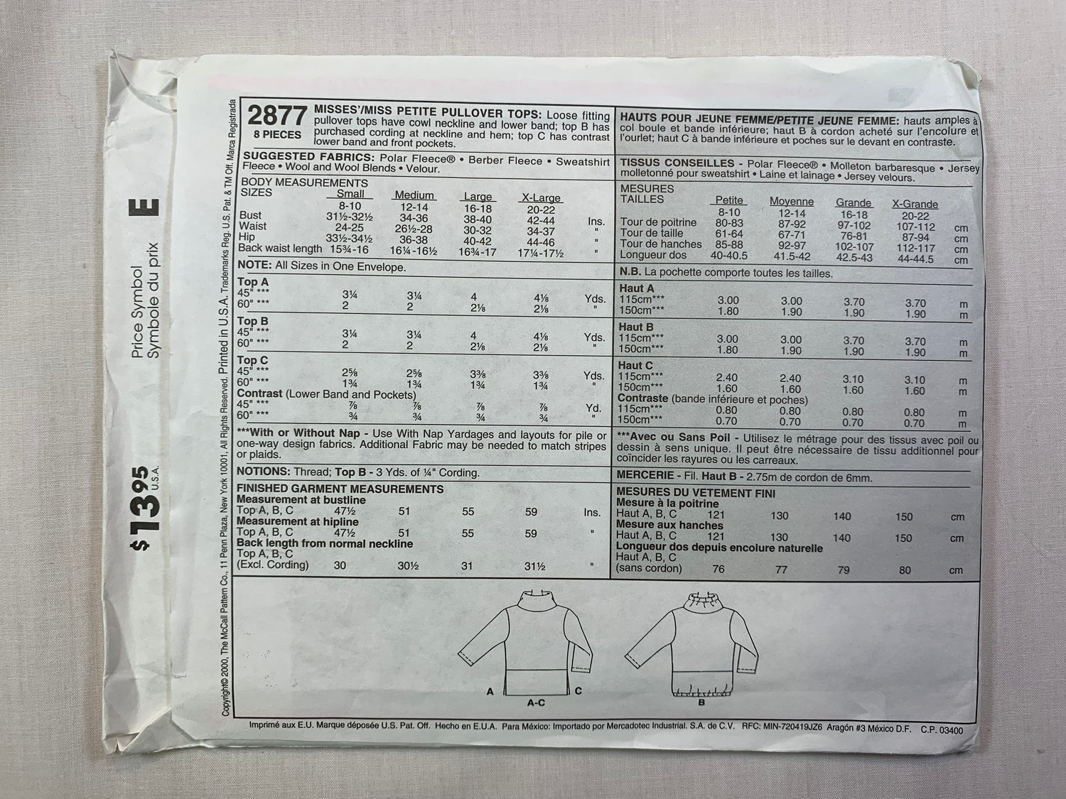 McCall's 2877 Misses'/Miss Petite Tops, Size 8-22, Uncut, 2000