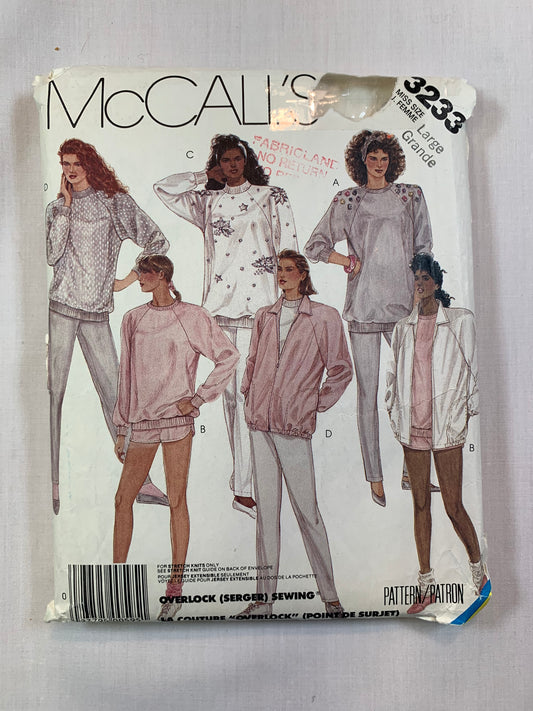 McCall's Sewing Pattern 3233 Misses' Unlined Jacket, Top, Pants, Shorts, Zipper Front, Long Sleeves, Size 18-20, Cut, Vintage 1987