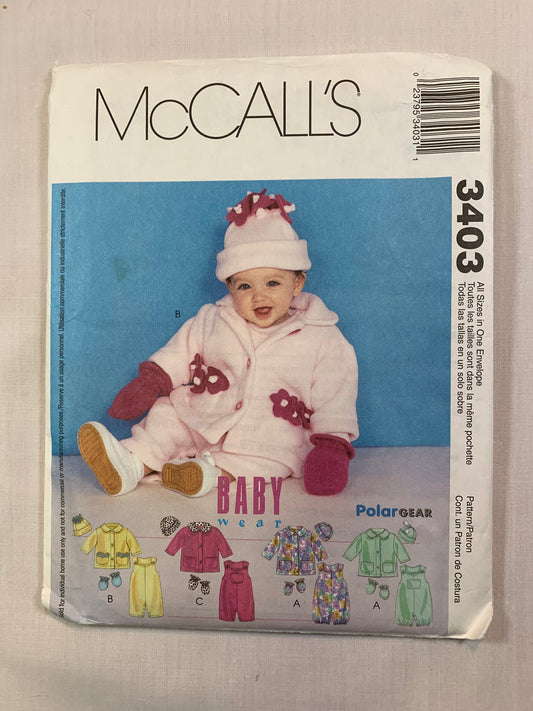 McCall's 3403 Infants' Jumpsuit, Jacket, Hat, Mittens Size 13-24 Pounds, Uncut, 2001