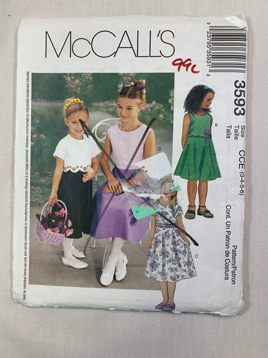 McCall's 3593 Children's Girls' Dresses, Size 3-6, Uncut, 2002