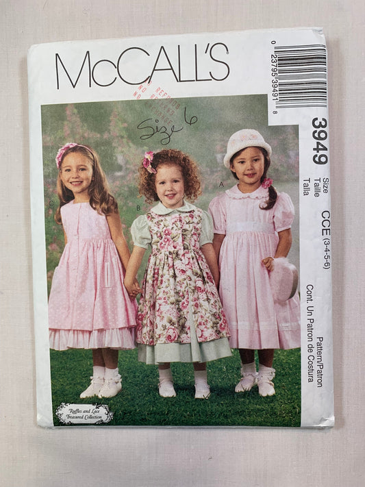 McCall's 3949 Girls' Dress, Pinafore, Petticoat, Size 3-4, Cut, 2003