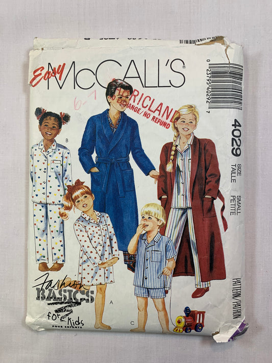 McCall's 4029 Boys' Girls' Robe, Sleepwear, Pajamas, Top, Pants, Nightshirt, Size 6-7, Cut, Vintage 1988