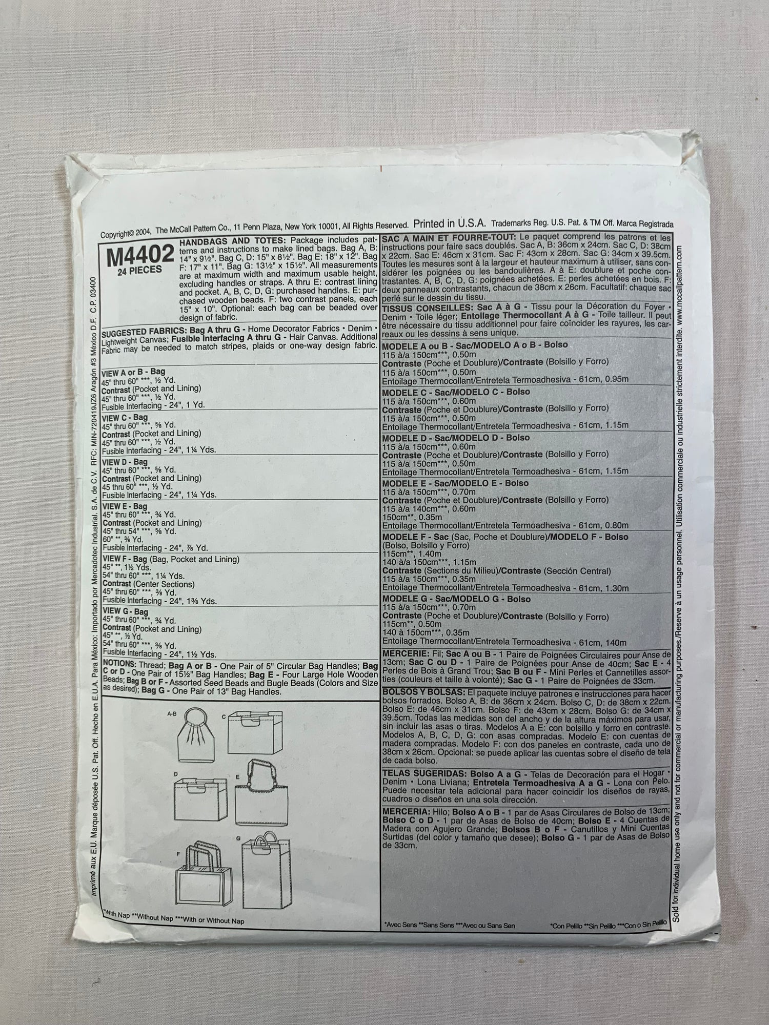 McCall's M4402 Handbags, Totes, Uncut, 2004