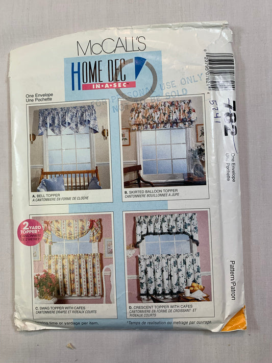 McCall's 5741 Home Decor Window Essentials, Curtains, Vintage 1995