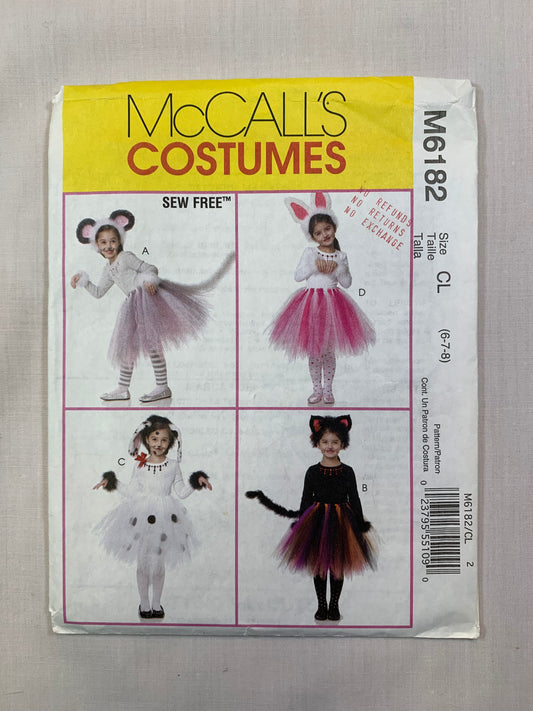 McCall's M6182 Girl's Costumes Mouse, Bunny, Dalmation, Cat, Size 6-8, Cut, 2010