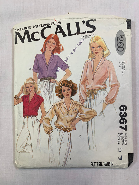 McCall's 6367 Misses' Blouse, Size 10, Cut, Vintage 1978
