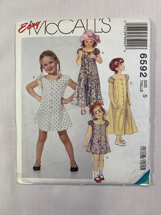 McCall's 6592 Girls' Dress, Jumpsuit, Romper, Size 5, Cut, Vintage 1993