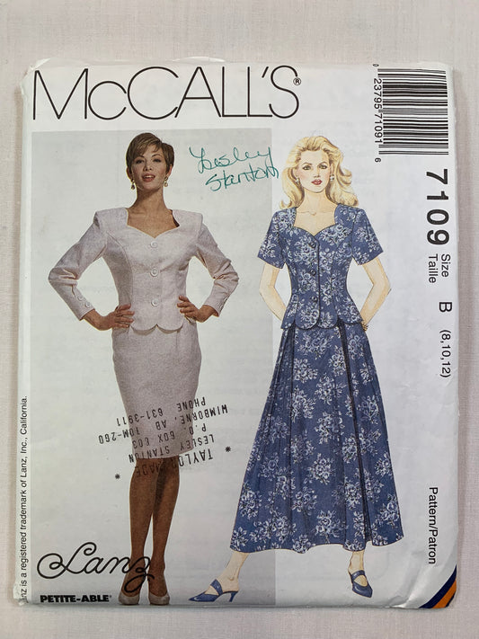 McCall's 7109 Misses' Unlined Jacket, Skirt, Size 8-12, Uncut, Vintage 1994