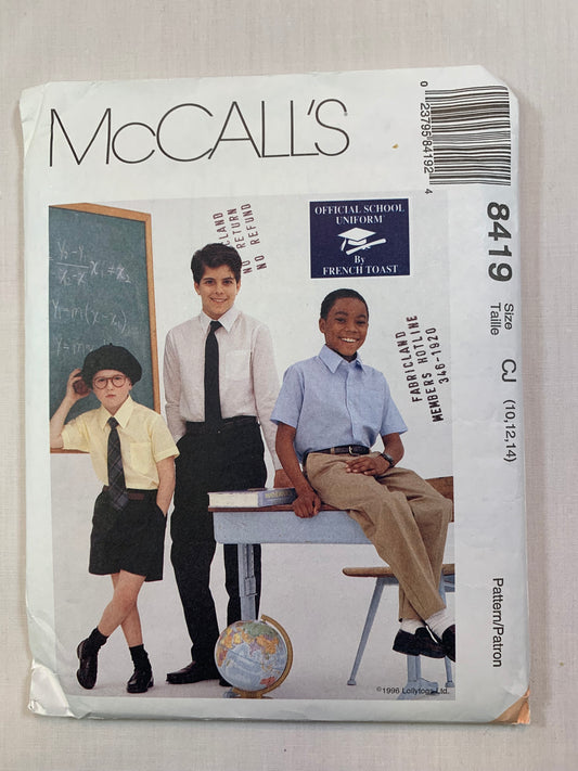 McCall's 8419 Children's, Boys' Pants, Shirts, Shorts, Tie, Size 10-14, Cut, Vintage 1996