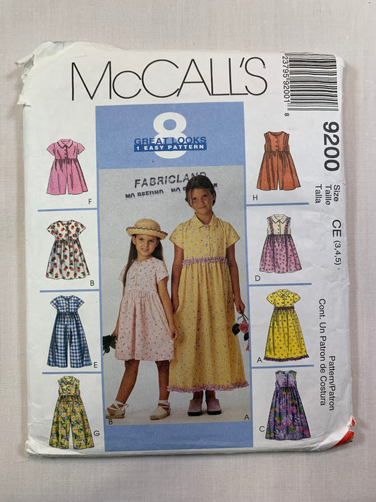 McCall's 9200 Girls' Dress, Jumpsuit, Romper, Size 3-5, Cut, Vintage 1998