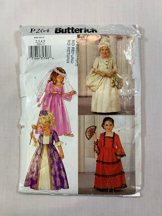 Butterick P264, Girls' Costumes, Halloween, Girl's Princess, Reniassance, Colonial, Spanish, Size 2-5, Cut, 2001