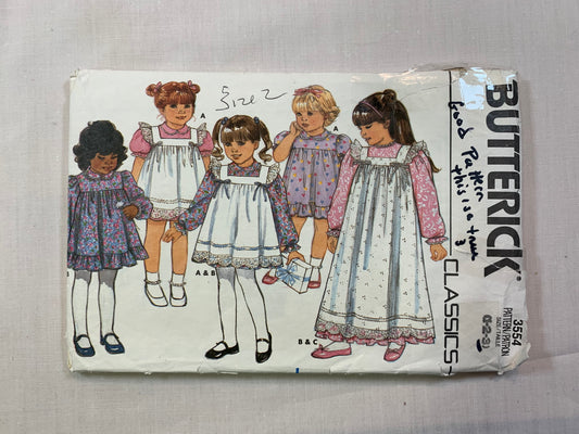 Butterick Sewing Pattern 3554 Girls' Dress, Pinafore, Two Lengths, Ruffle, Button Back, Size 1-2, Cut, Vintage 1985