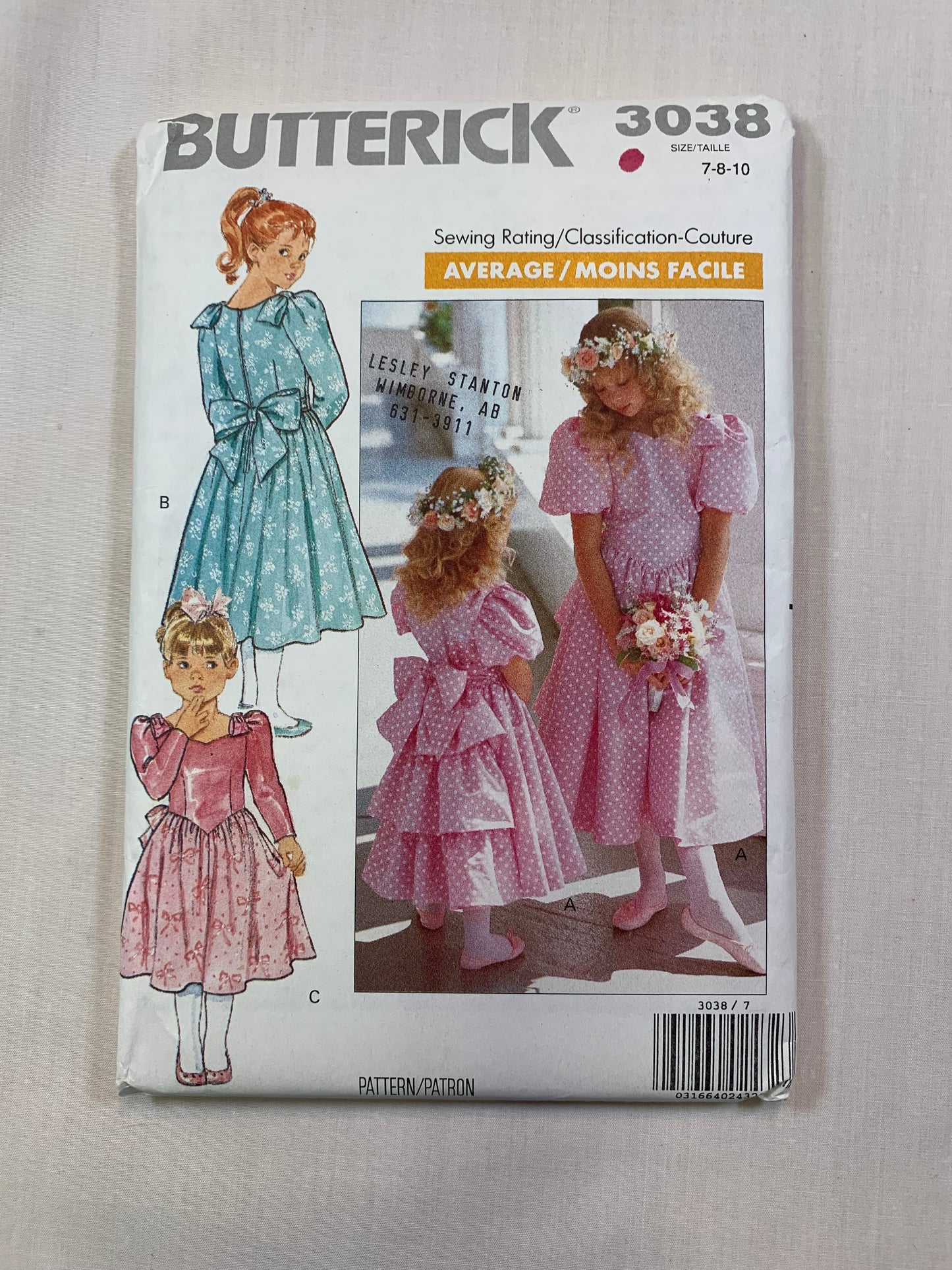 Butterick Sewing Pattern 3038 Girls' Dress, 3 Variations, Tie Back, Zipper Back, Full Skirt, Size 7-10, Uncut, Vintage 1988