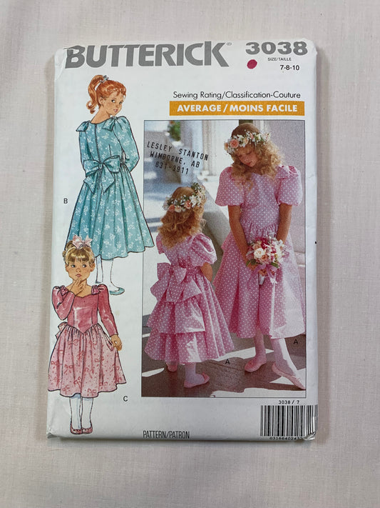 Butterick Sewing Pattern 3038 Girls' Dress, 3 Variations, Tie Back, Zipper Back, Full Skirt, Size 7-10, Uncut, Vintage 1988