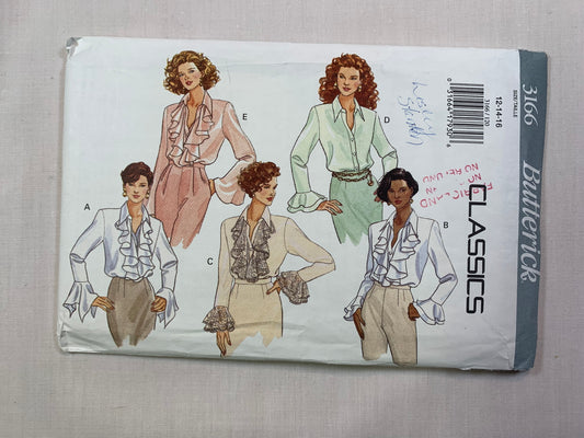Butterick Sewing Pattern 3166 Misses' Blouse, Long Sleeves, Button Front, Flounce, 5 Variations, Size 12-16, Uncut, Vintage 1993
