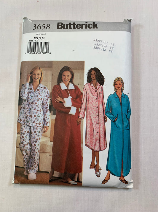 Butterick Sewing Pattern 3658 Misses' Nightgown, Pajamas, Robe, Top, Pants, Pockets, Zipper Front, Long Sleeves Size XS-M, Cut, 2002