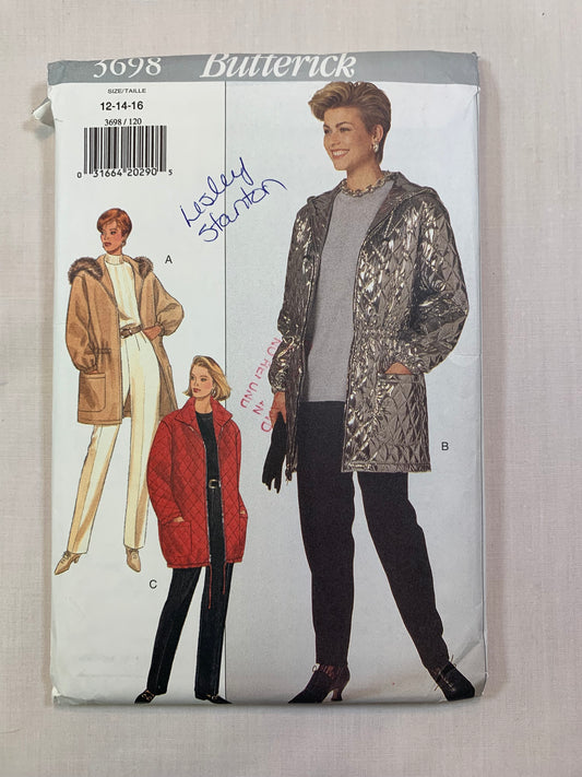 Butterick Sewing Pattern 3698 Misses' Jacket, Pants, Loose-Fitting, Pockets, Zipper Front, Hood, Collar, Size 12-16, Uncut, Vintage 1994