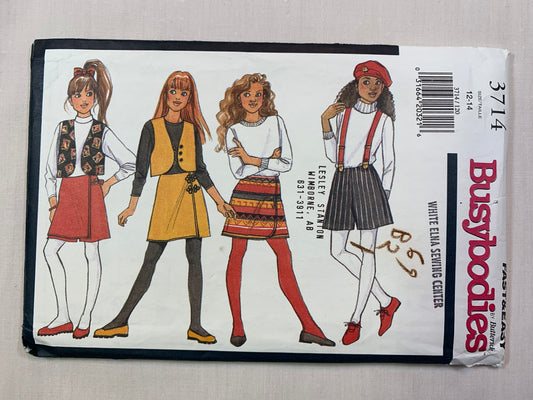 Butterick Sewing Pattern Busybodies 3714 Girls' Vest, Skirt, Shorts, Semi-Fitted, 4 Variations, A-Line, Zipper Back, Size 12-14, Uncut, Vintage 1994