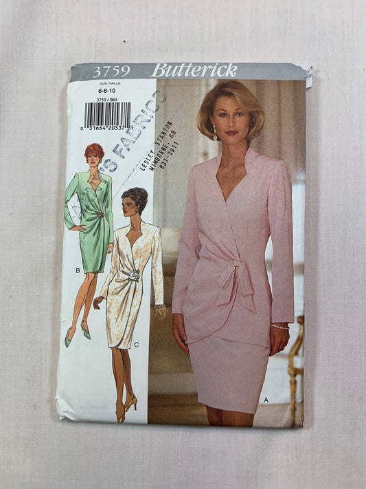 Butterick Sewing Pattern 3759 Misses' Dress, Tunic, Skirt, Loose-Fitting, Wrap, Shoulder Pads, Zipper Back, Size 6-10, Uncut, Vintage 1994