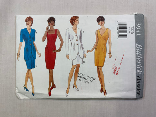 Butterick Sewing Pattern 3941 Misses' Petite Jacket, Dress, Loose-Fitting, Shoulder Pads, Two Lengths, Zipper Back, Size 6-10, Uncut, Vintage 1995