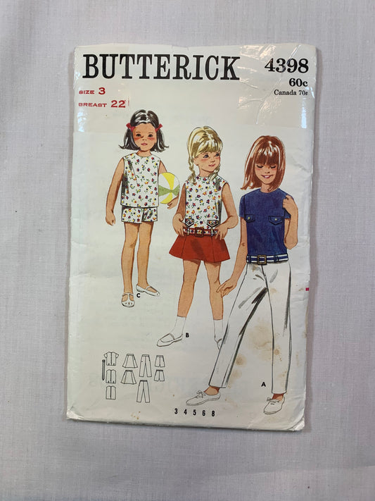 Butterick 4398 Girls' Skirt, Pants, Shorts, Overblouse, Size 3, Cut, Vintage 1970