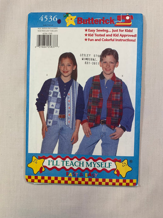Butterick 4536 Girls' Boys' Vest, Size 7-14, Uncut, Vintage 1997