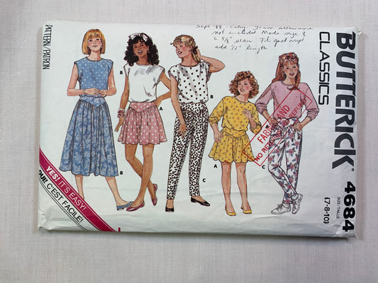Butterick 4684 Girls' Top, Skirt, Pants, Size 7-10, Cut, Vintage 1987
