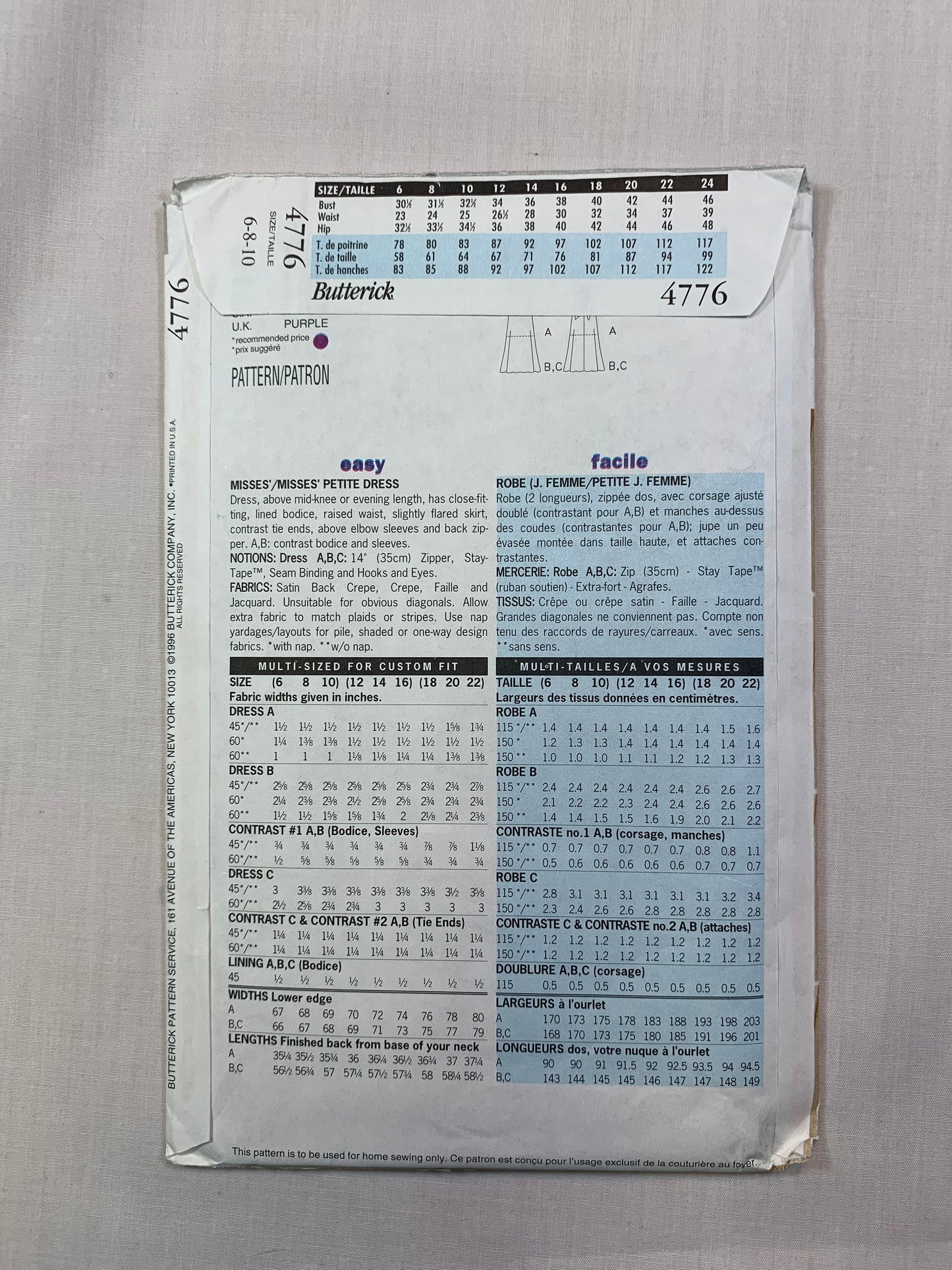 Butterick 4776 Misses' Petite Dress, Size 6-10, Uncut, Vintage 1996