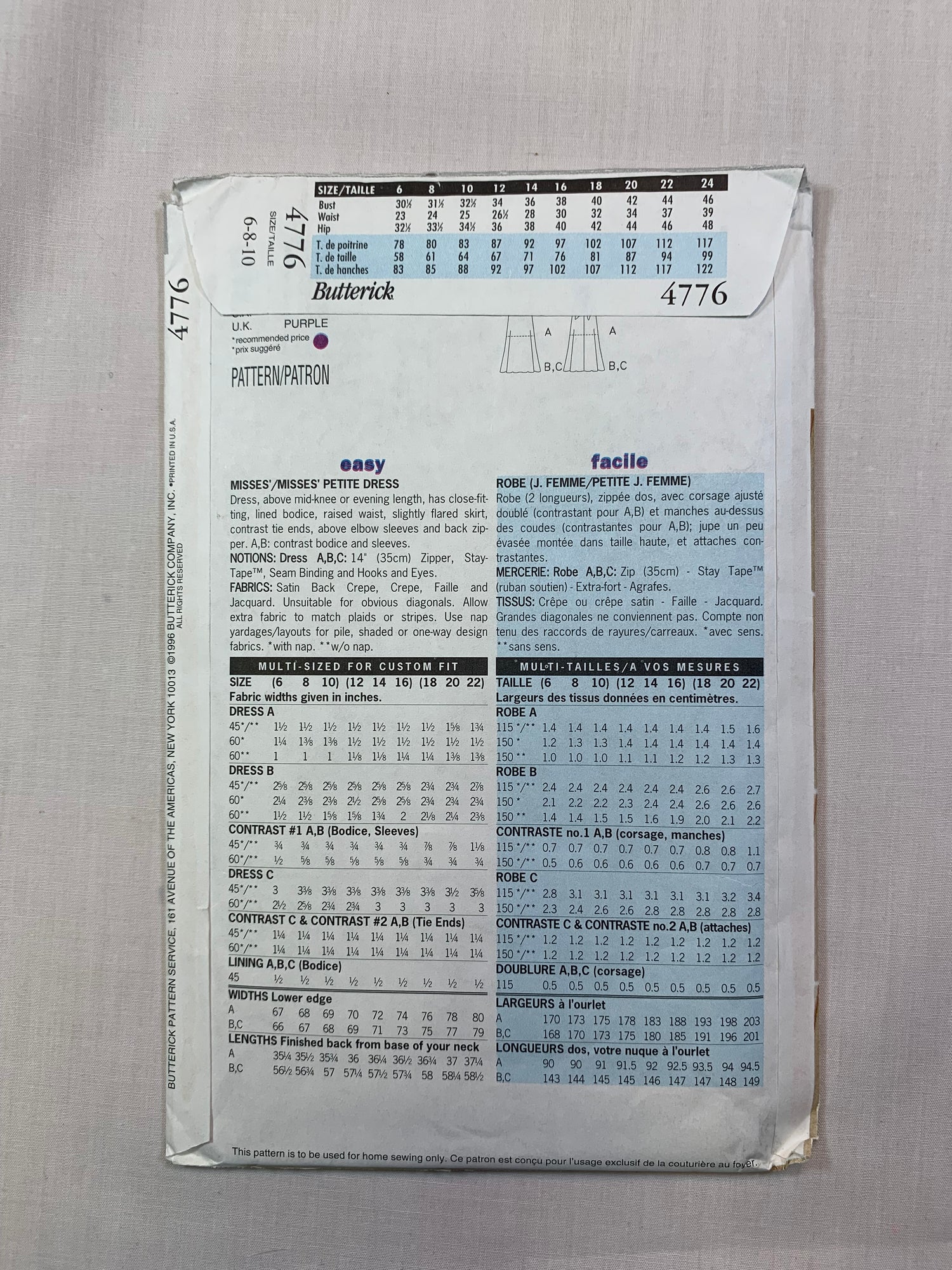 Butterick 4776 Misses' Petite Dress, Size 6-10, Uncut, Vintage 1996