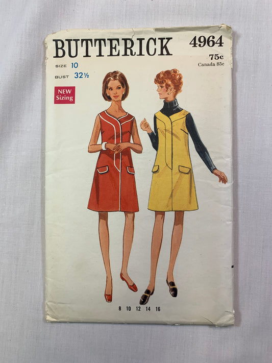 Butterick 4964 Misses' Dress, Jumper, Size 10, Cut, Vintage 1970