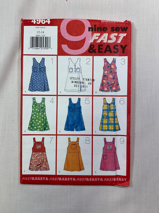 Butterick 4964 Girls' Jumper, Skorts Size 12-14, Uncut, Vintage 1997