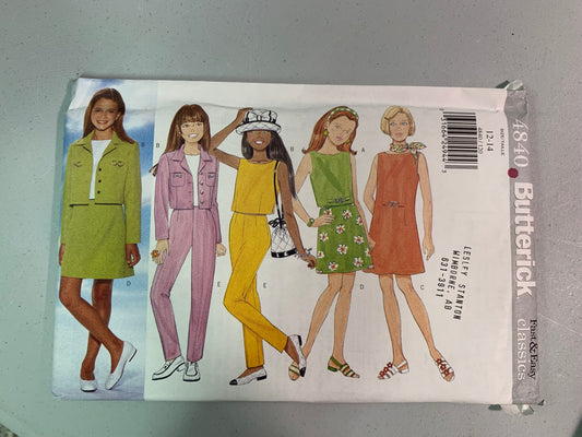 Butterick 4840 Girls' Jacket, Dress, Top, Skirt, Pants, Scarf, Size 12-14, Uncut, Vintage 1997