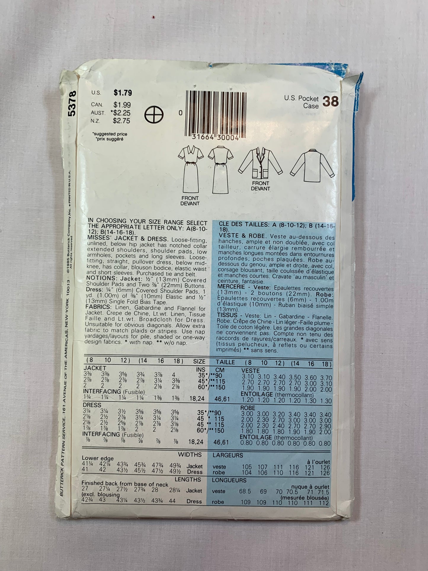 Butterick 5378 See & Sew Misses' Dress, Jacket, Size 8-12, Cut, Vintage 1985