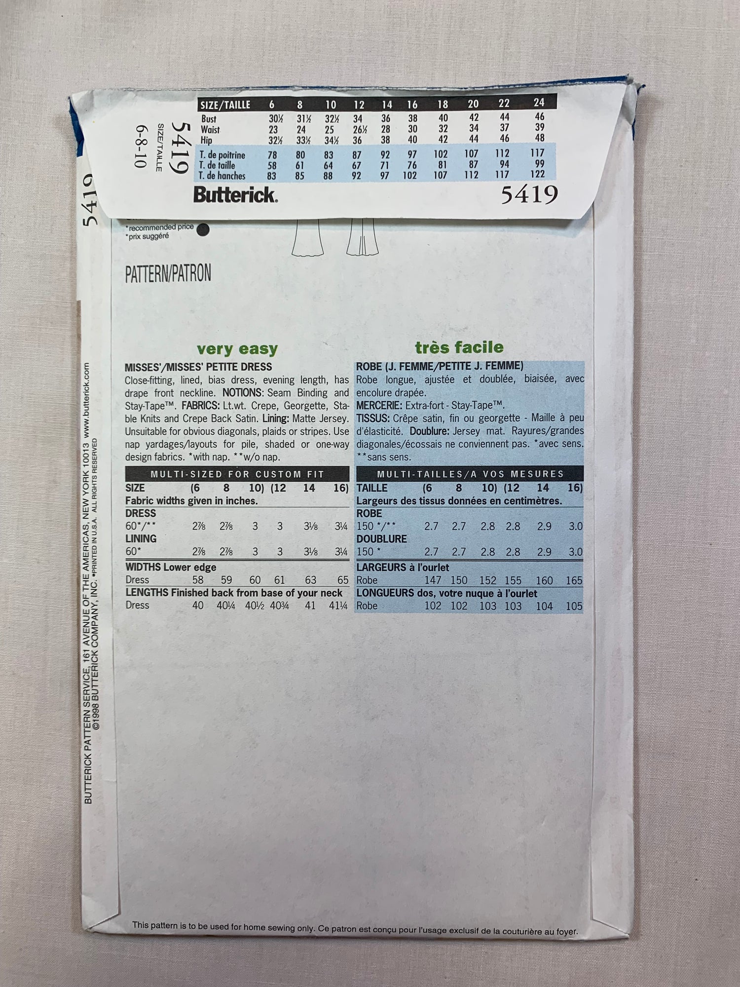 Butterick 5419 Misses' Petite Dress, Size 6-10, Uncut, Vintage 1998