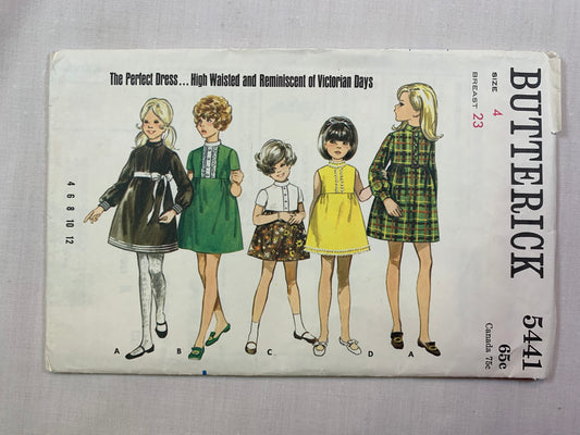 Butterick 5441 Girls' Dress, Size 4, Cut, Vintage 1970